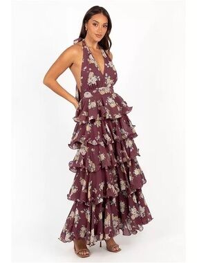 Backless Halter Tiered Maxi Dress in Plum Floral